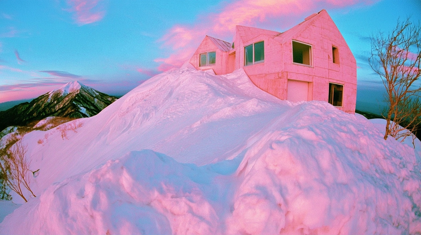 A pink house partially covered by snow on a mountain peak during sunset.