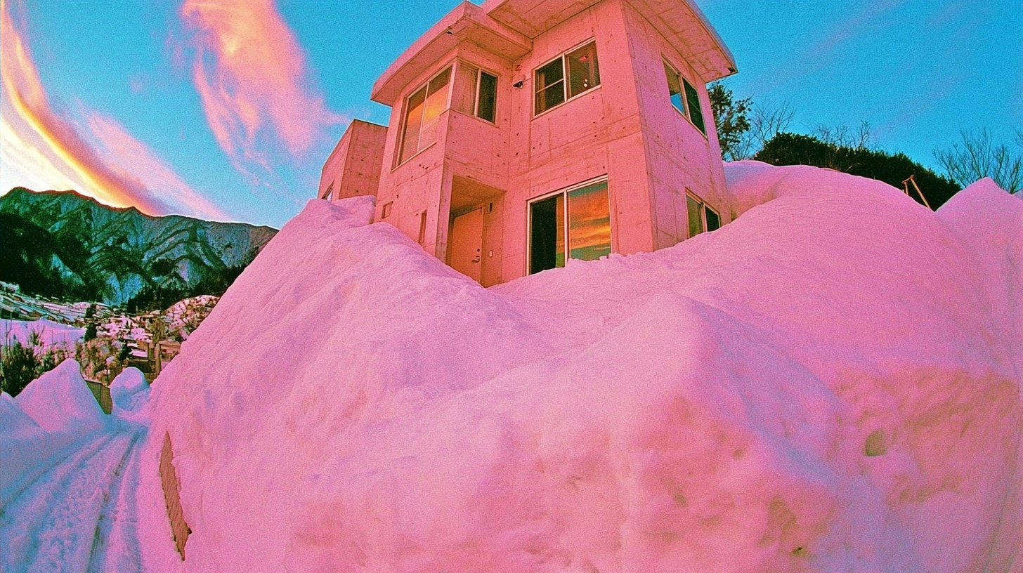 A modern concrete building surrounded by large piles of snow glowing with pink light.