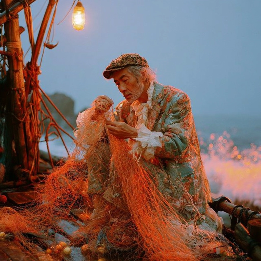 An elderly man wearing a patterned jacket works on a large orange fishing net on a boat at dusk.