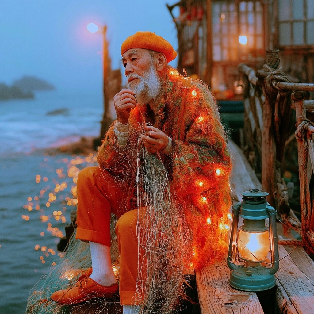 Elderly fisherman in orange attire wrapped in a glowing net sitting by the sea at dusk.