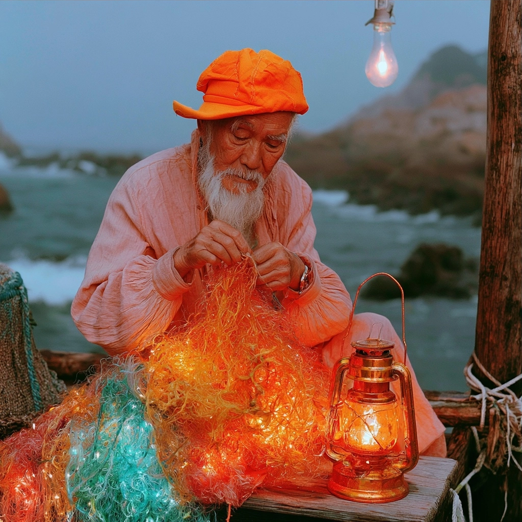 An elderly fisherman in an orange cap works on a luminous, colorful net next to a lit lantern by the sea.