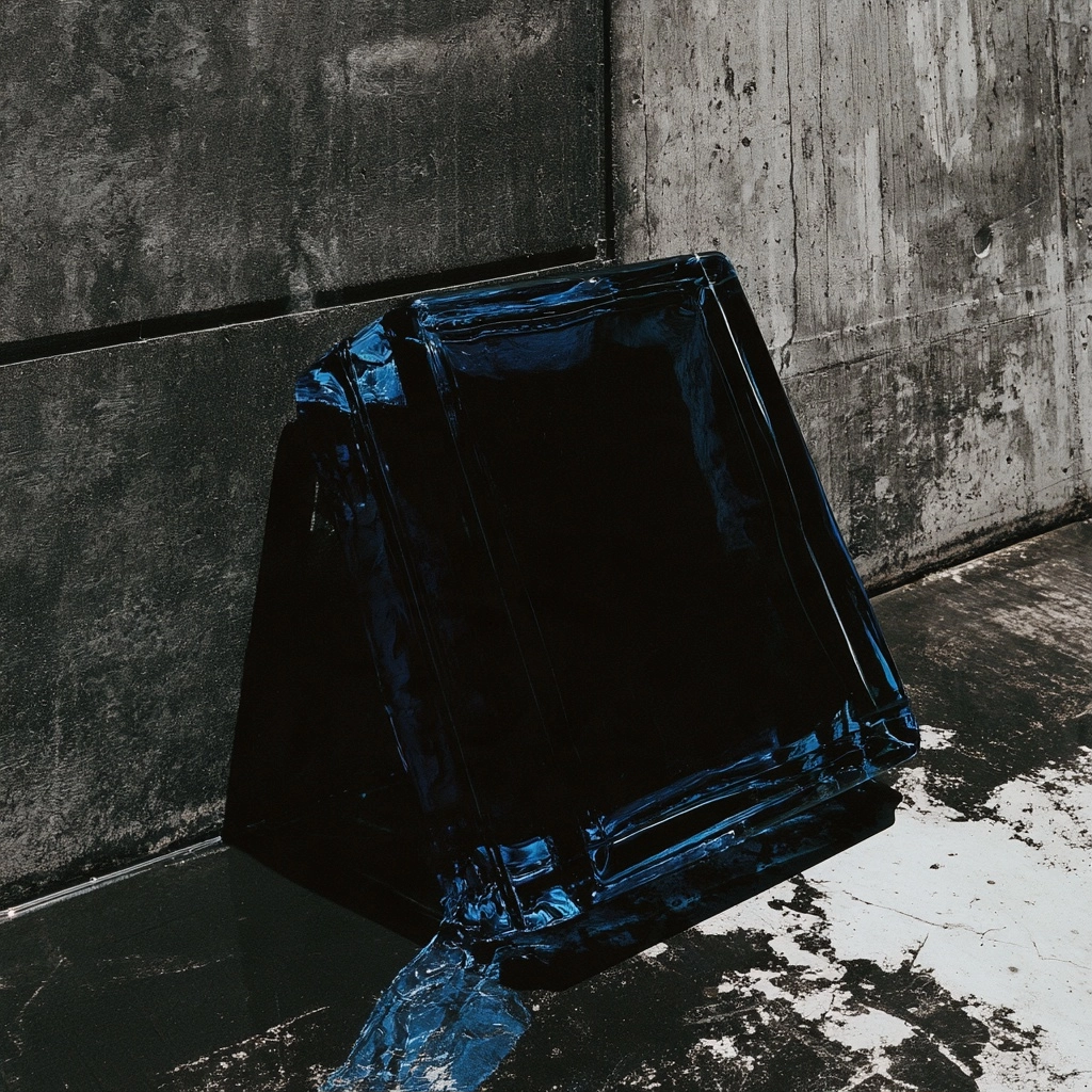 A glowing blue translucent geometric block leaning against a dark grey concrete wall.