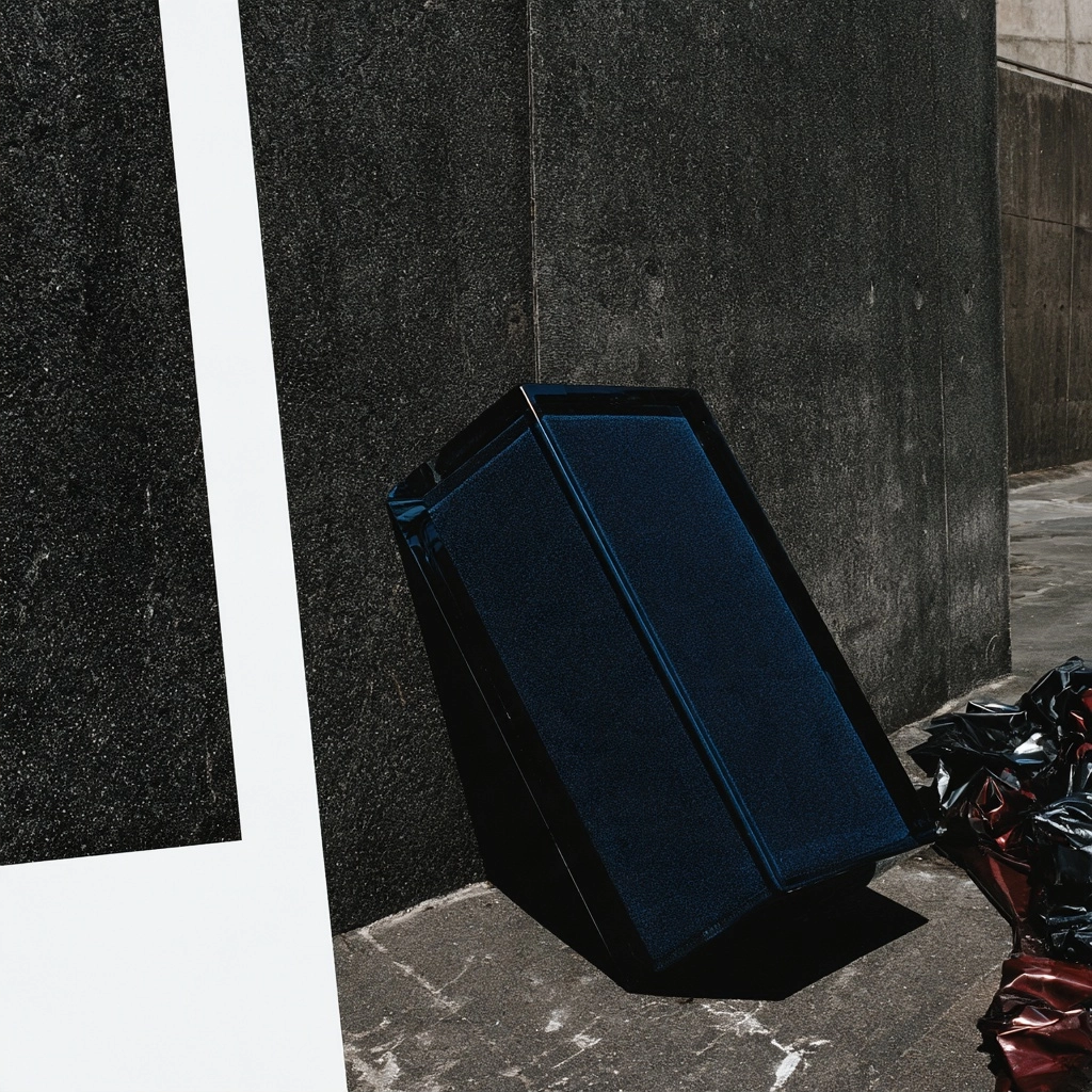 A dark blue rectangular box leaning against a dark textured wall with a white stripe on the left.