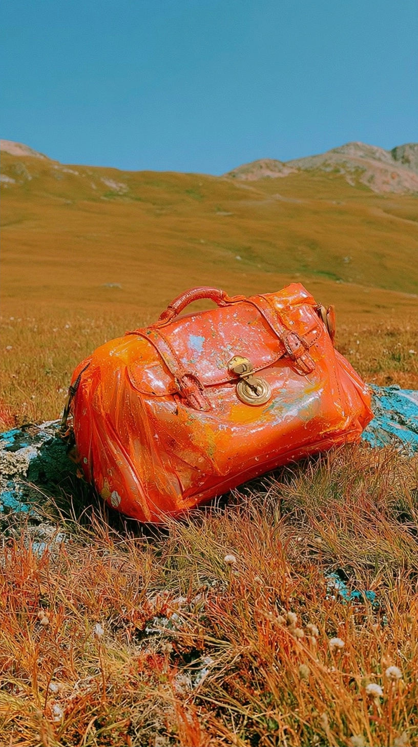 A bright orange textured handbag resting on dry grass in a vast mountain meadow.