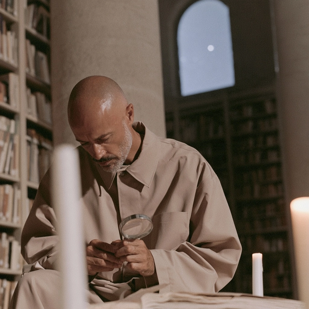 A bearded man in a beige shirt examines a book with a magnifying glass in a dimly lit library.