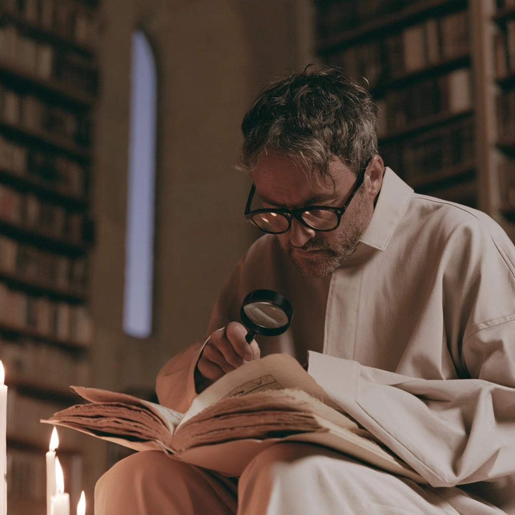 A man wearing glasses intently inspecting an antique book with a magnifying glass in a library.