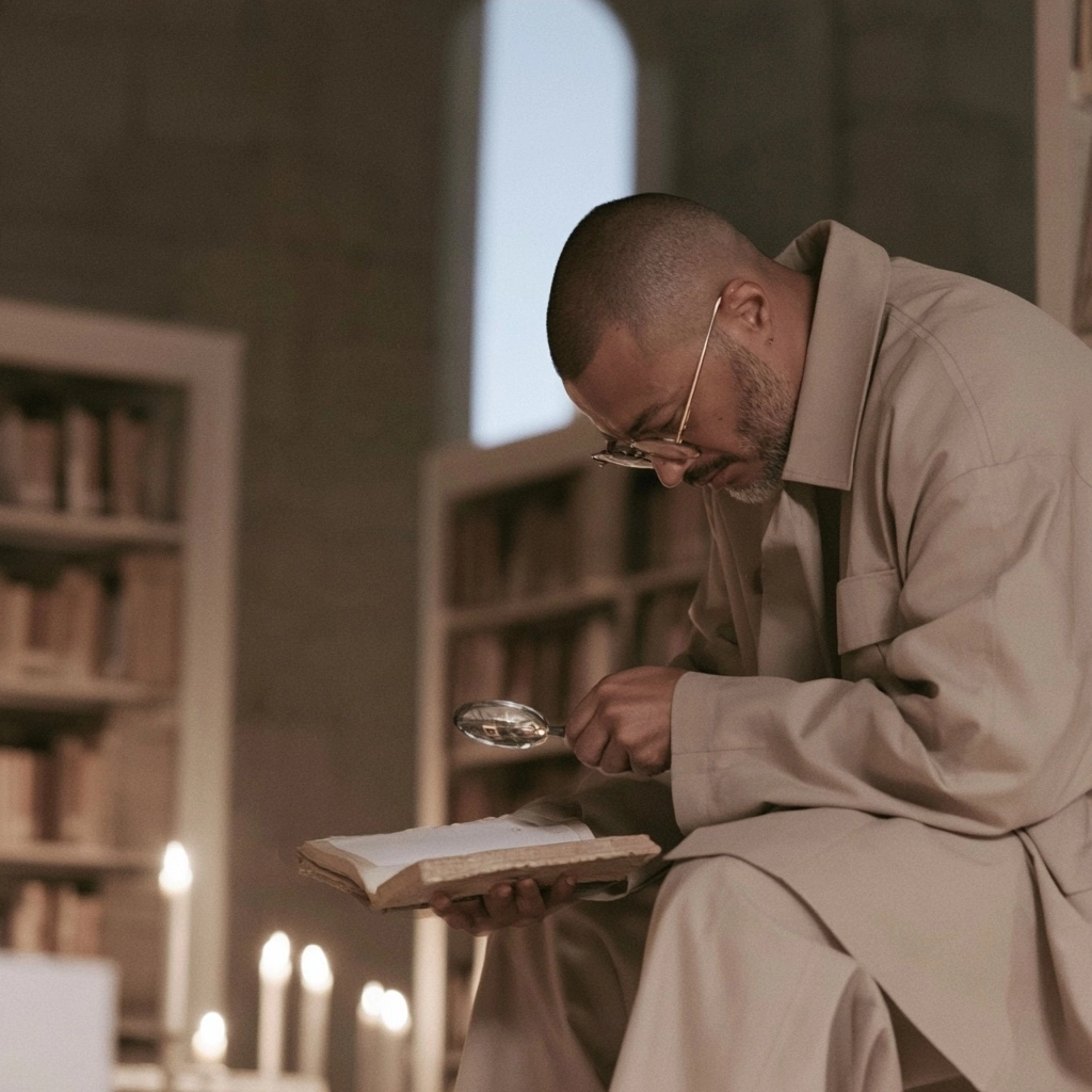 A man wearing glasses and a tan coat examines a book with a magnifying glass in a library setting.