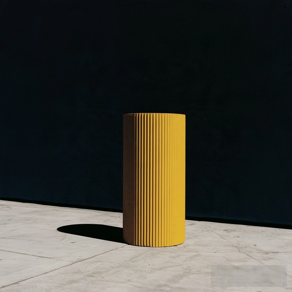 A bright yellow ribbed column casting a shadow on a light grey floor against a dark background.