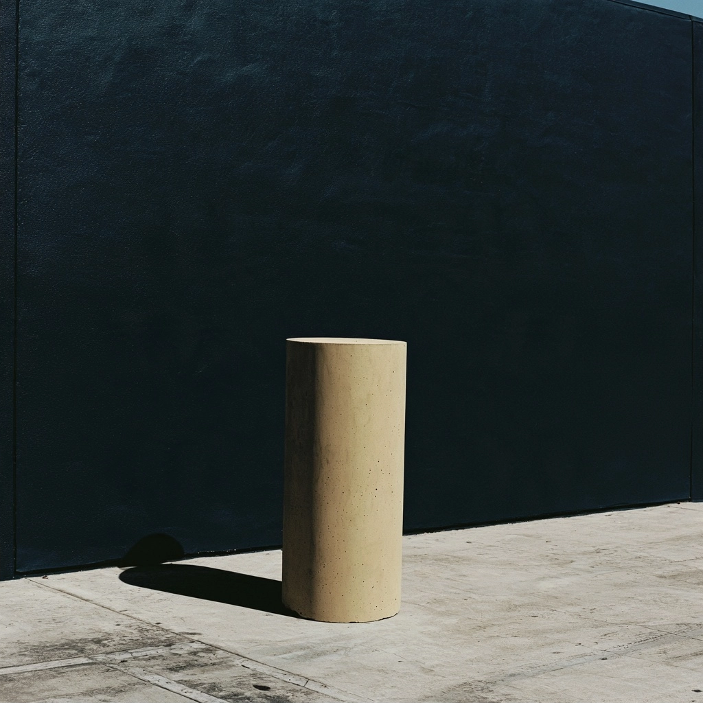 A tall beige cylindrical stone podium centered against a dark navy textured background.