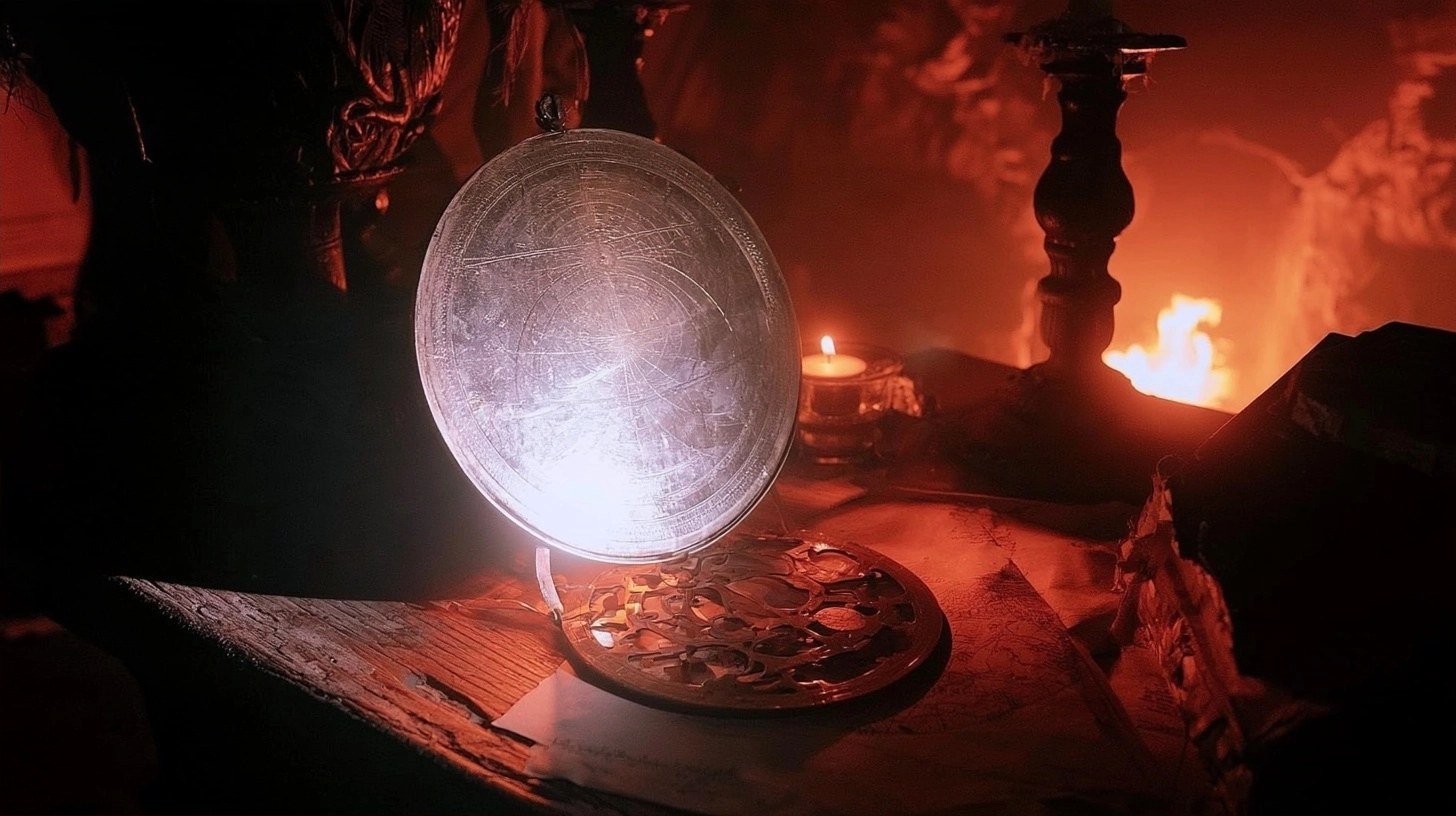 A luminous glass sphere resting on a decorative metal base in a dimly lit, red-toned room.