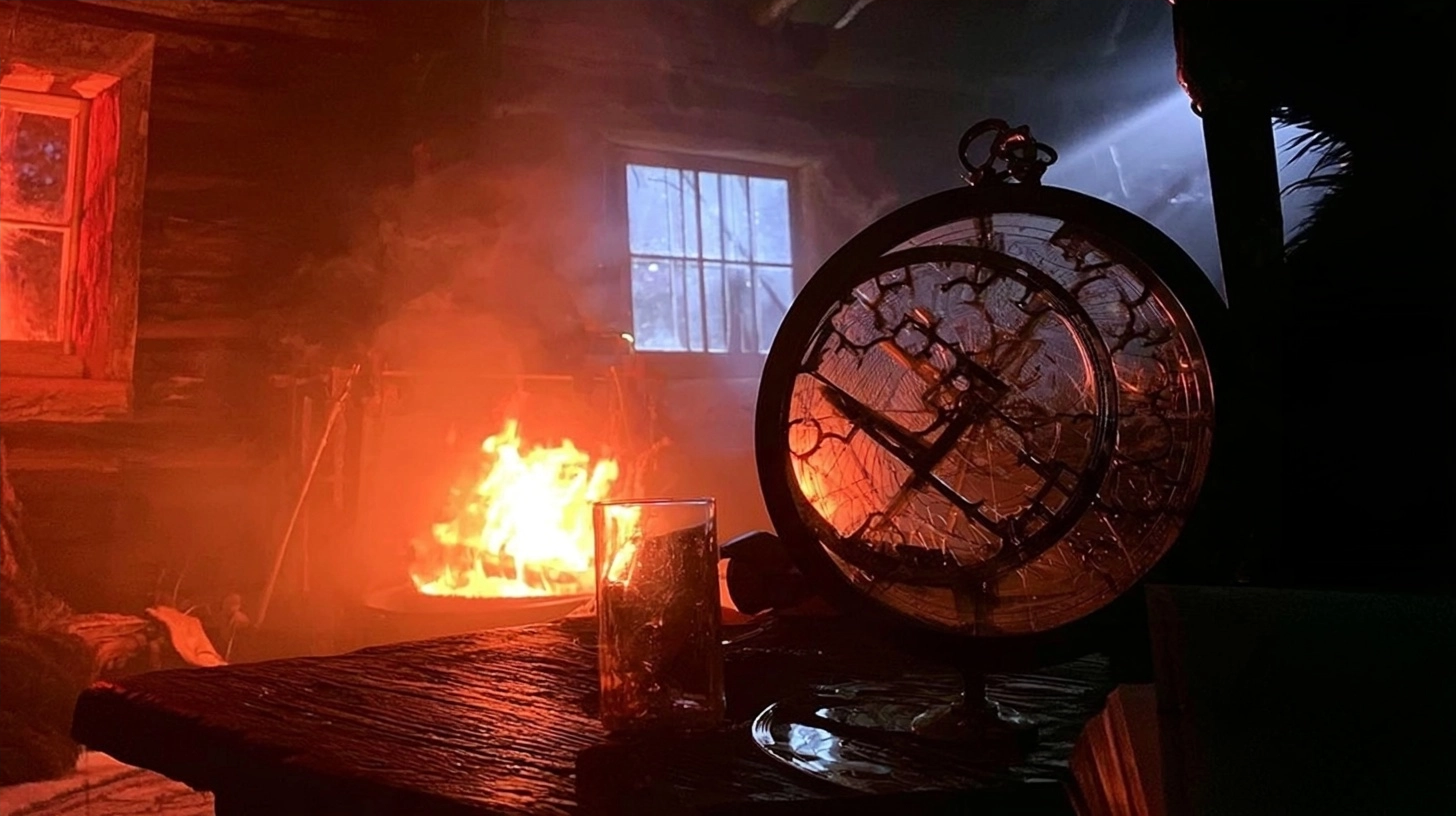 A warm fire glows in a dark wooden cabin beside a decorative celestial globe and a glass.