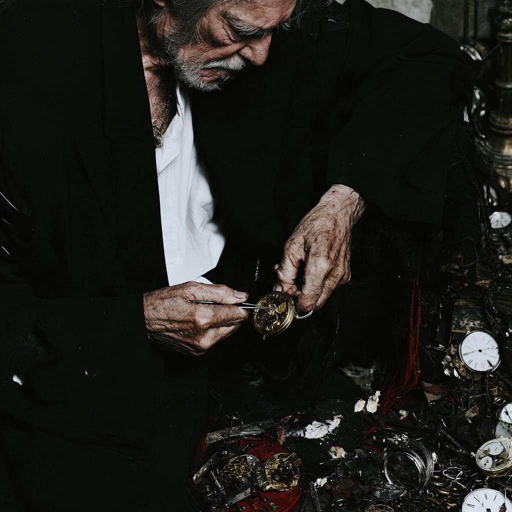 Close up of an elderly man repairing a small gold clock mechanism with precision tools.