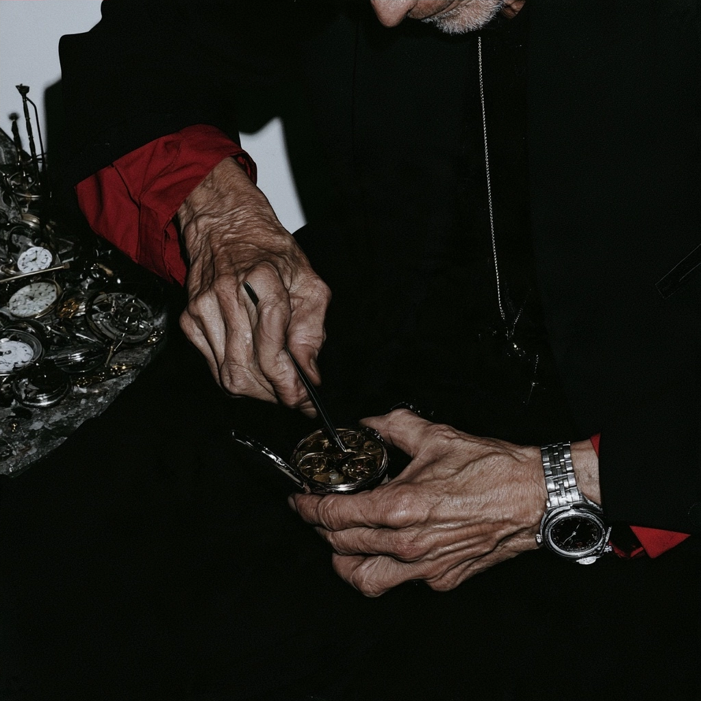 Close up of a watchmaker's hands repairing a vintage pocket watch with a small metal tool.