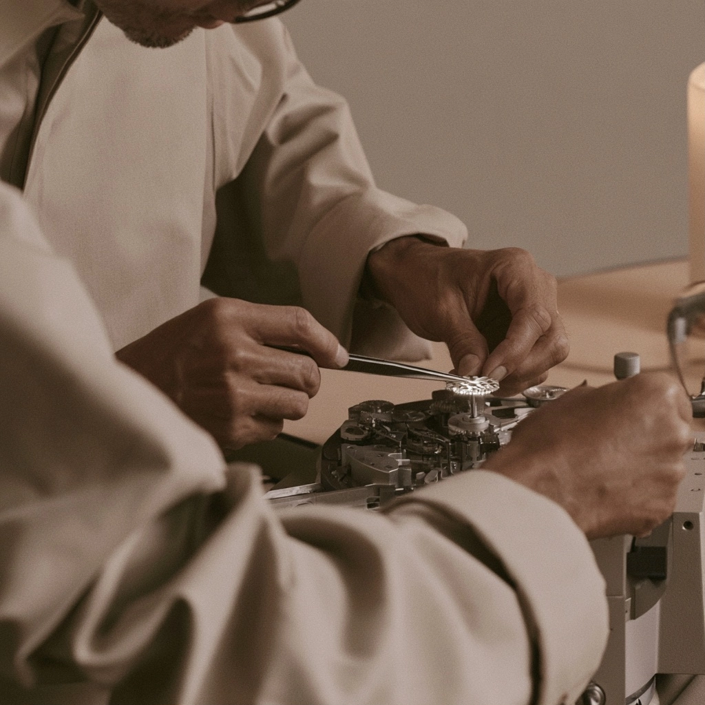 Close up of hands using tweezers to adjust a small mechanical part in a workshop setting.
