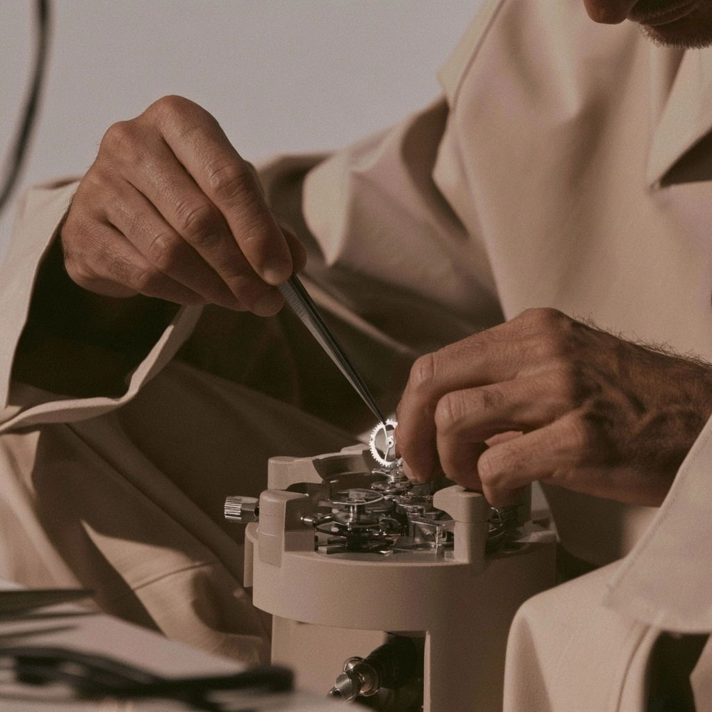 Close-up of hands using a fine metal tool to adjust small gears in a mechanical device.