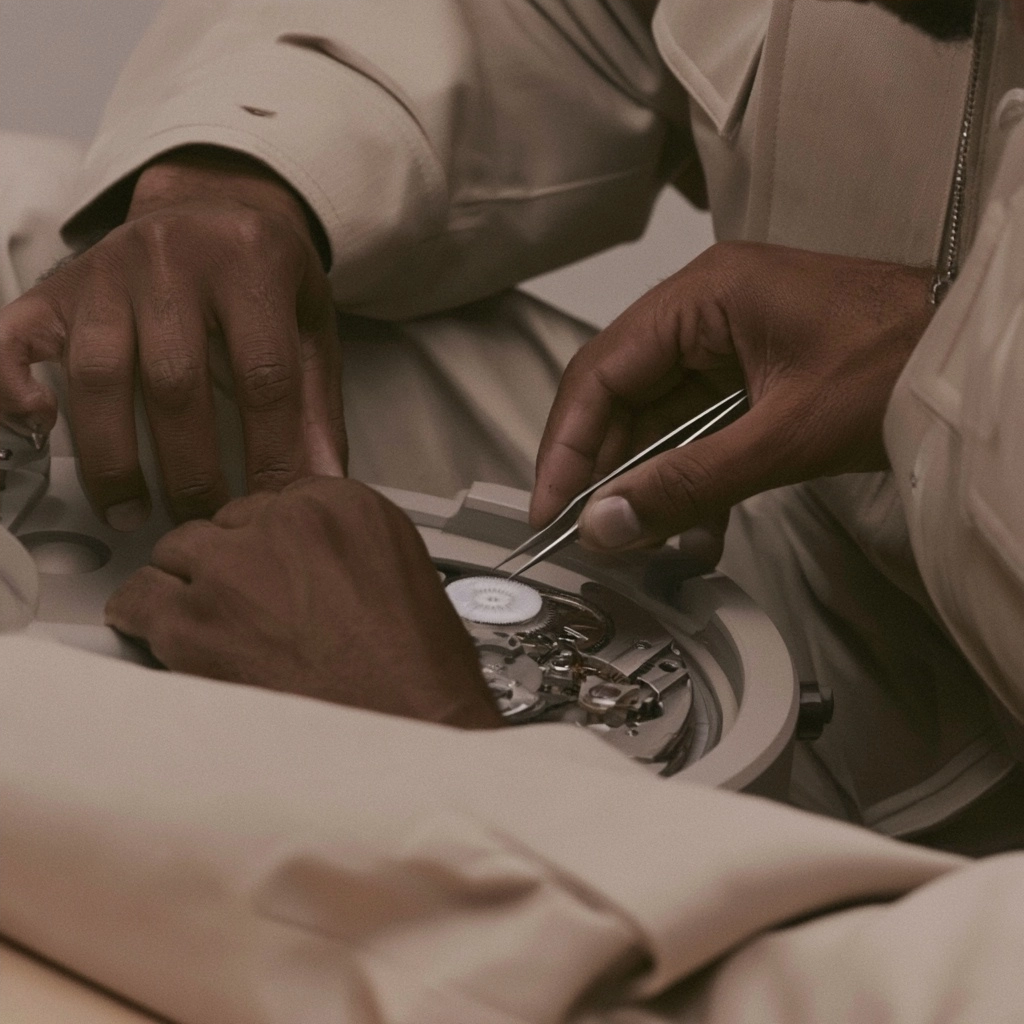 Close up of hands using tweezers to adjust a small mechanical part in a circular housing.