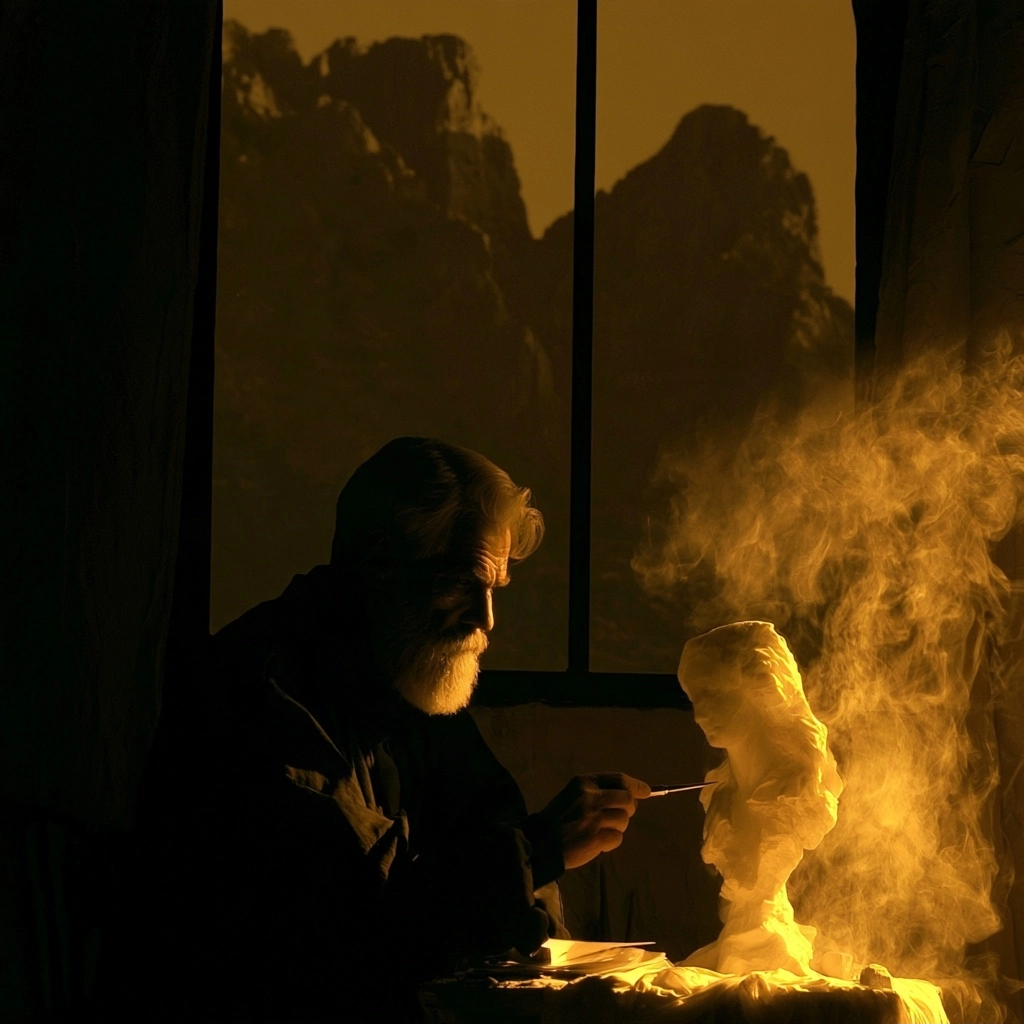 Silhouette of a bearded man looking at a glowing, ethereal smoke sculpture near a window at night.