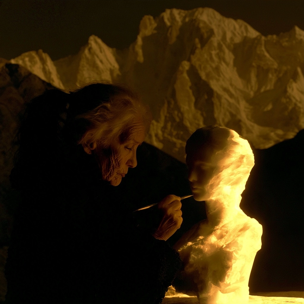 An elderly woman uses a small tool to carve a luminous, translucent bust against a mountain backdrop.