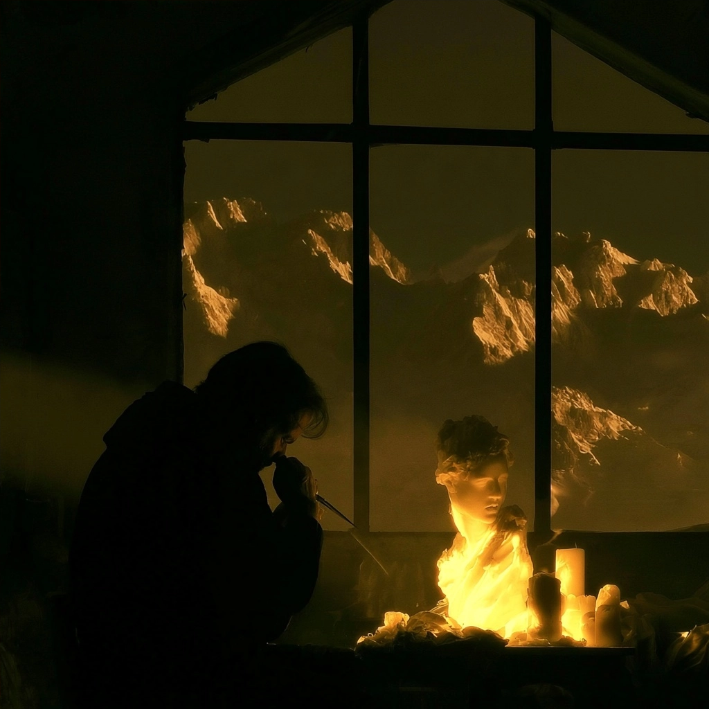 Silhouette of a person watching glowing golden mountain peaks through a large window at night.