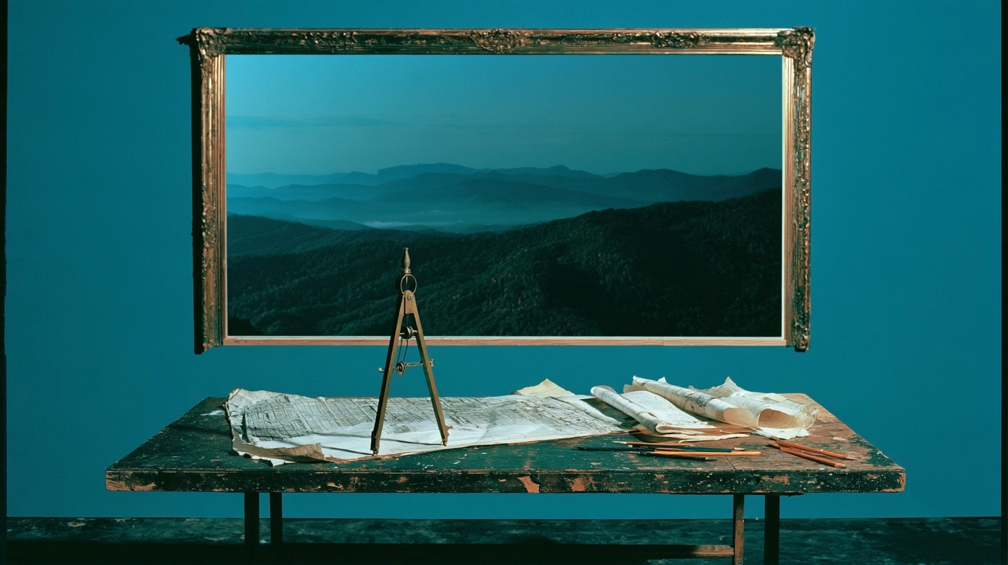 A framed mountain landscape resting on a rustic wooden table covered with rolled architectural plans.