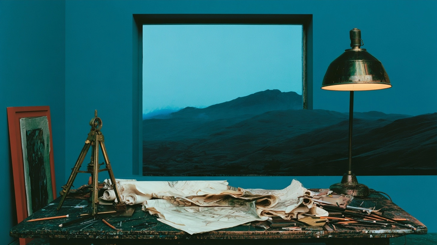 A brass desk lamp illuminates rolled blueprints on a rustic wooden table against a mountain view.