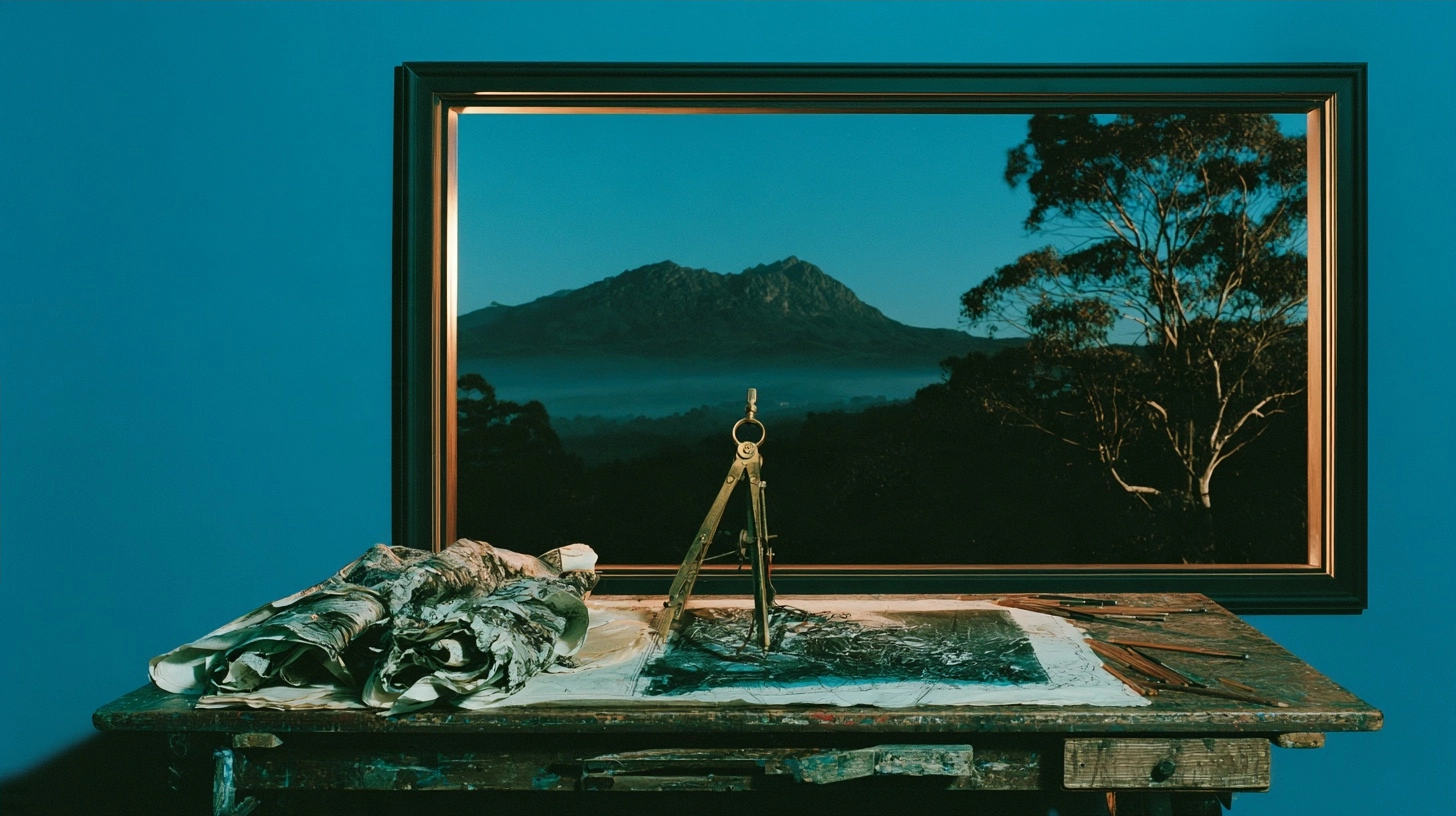 A framed mountain landscape painting displayed on a rustic wooden workbench with drawing tools.