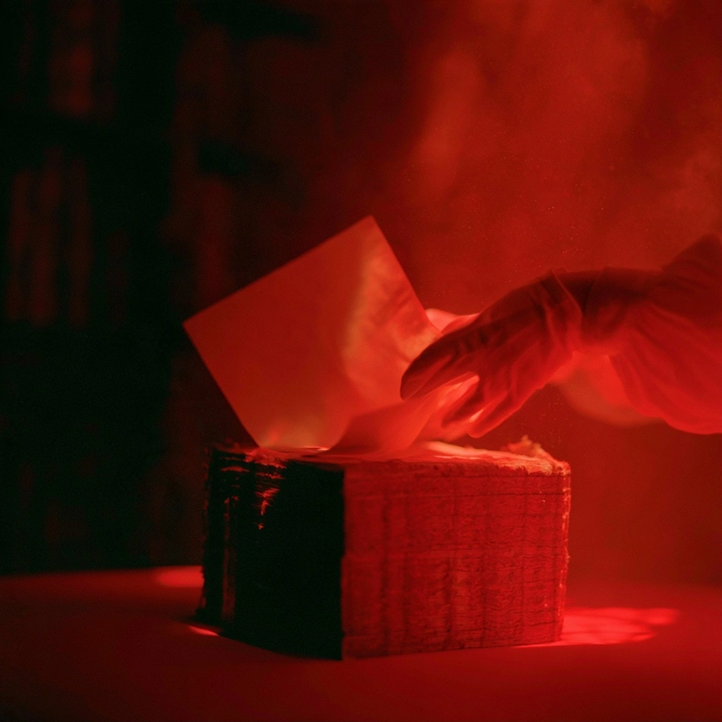 A hand in a white glove inserting an envelope into a box, illuminated by dramatic red light.