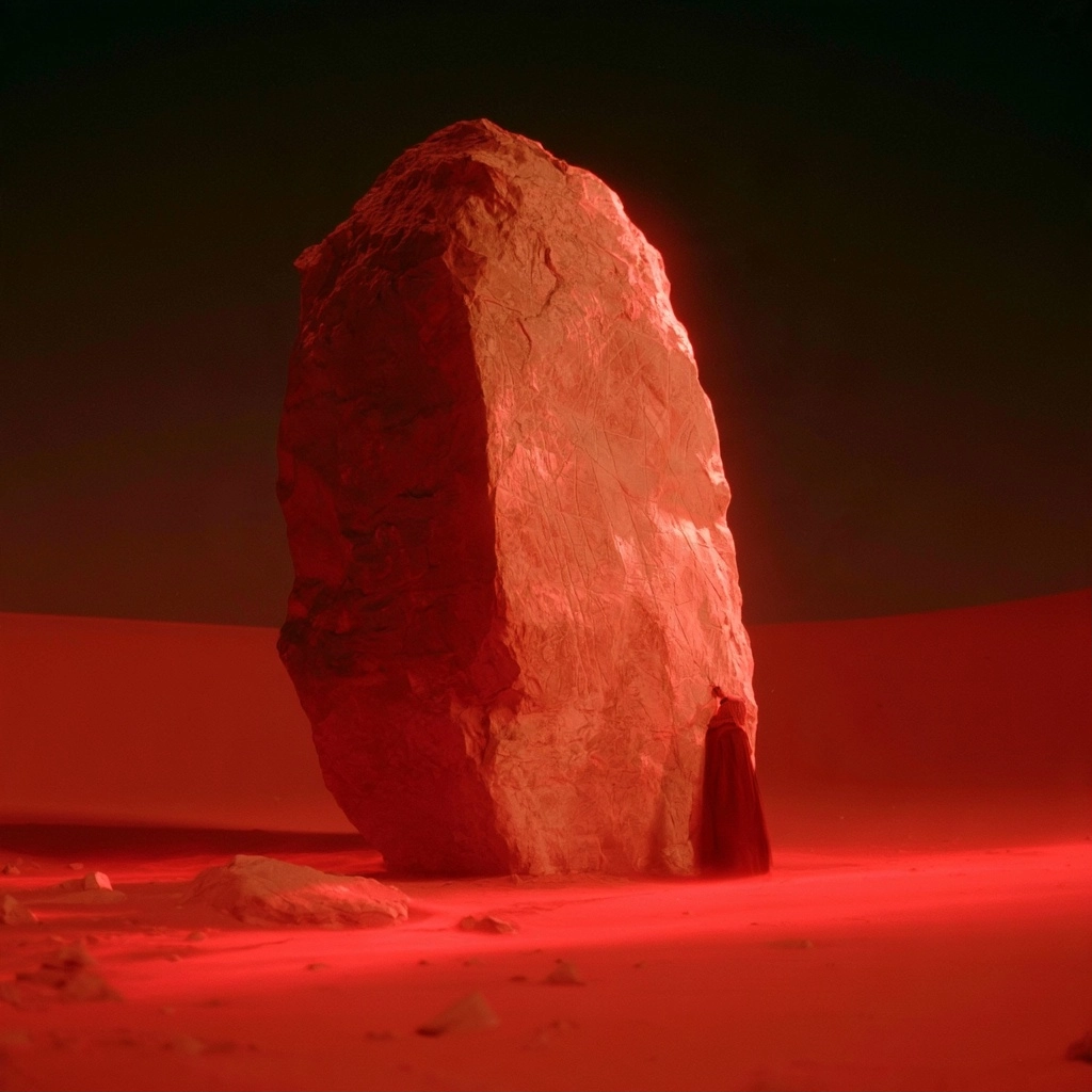 A large textured stone monolith glowing under intense red lighting in a dark space.