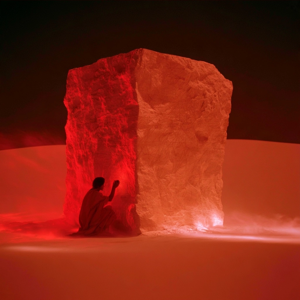A dark silhouette of a person sitting next to a large, glowing red stone monolith in a misty landscape.