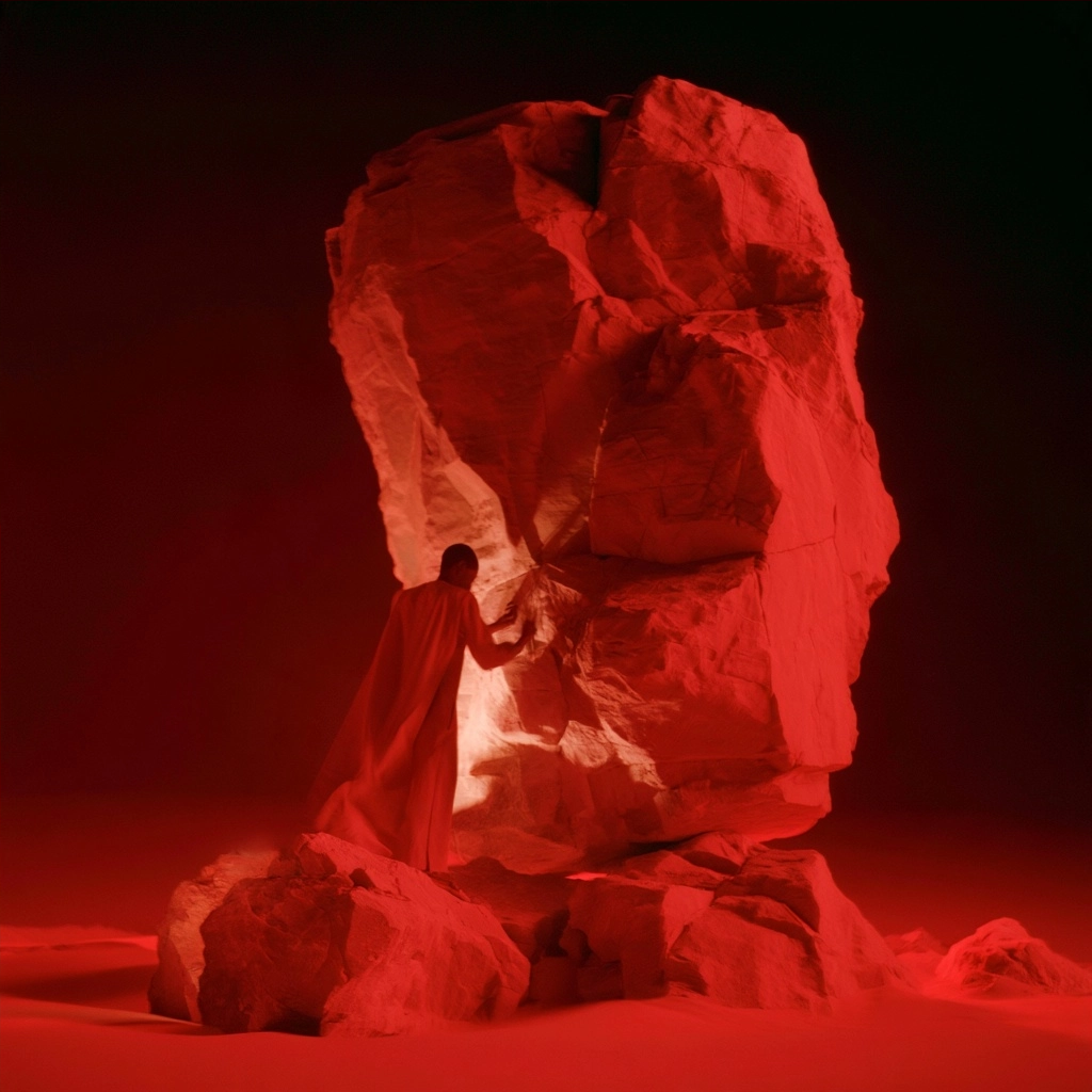 A silhouette of a person standing next to a giant, textured red rock under dramatic lighting.