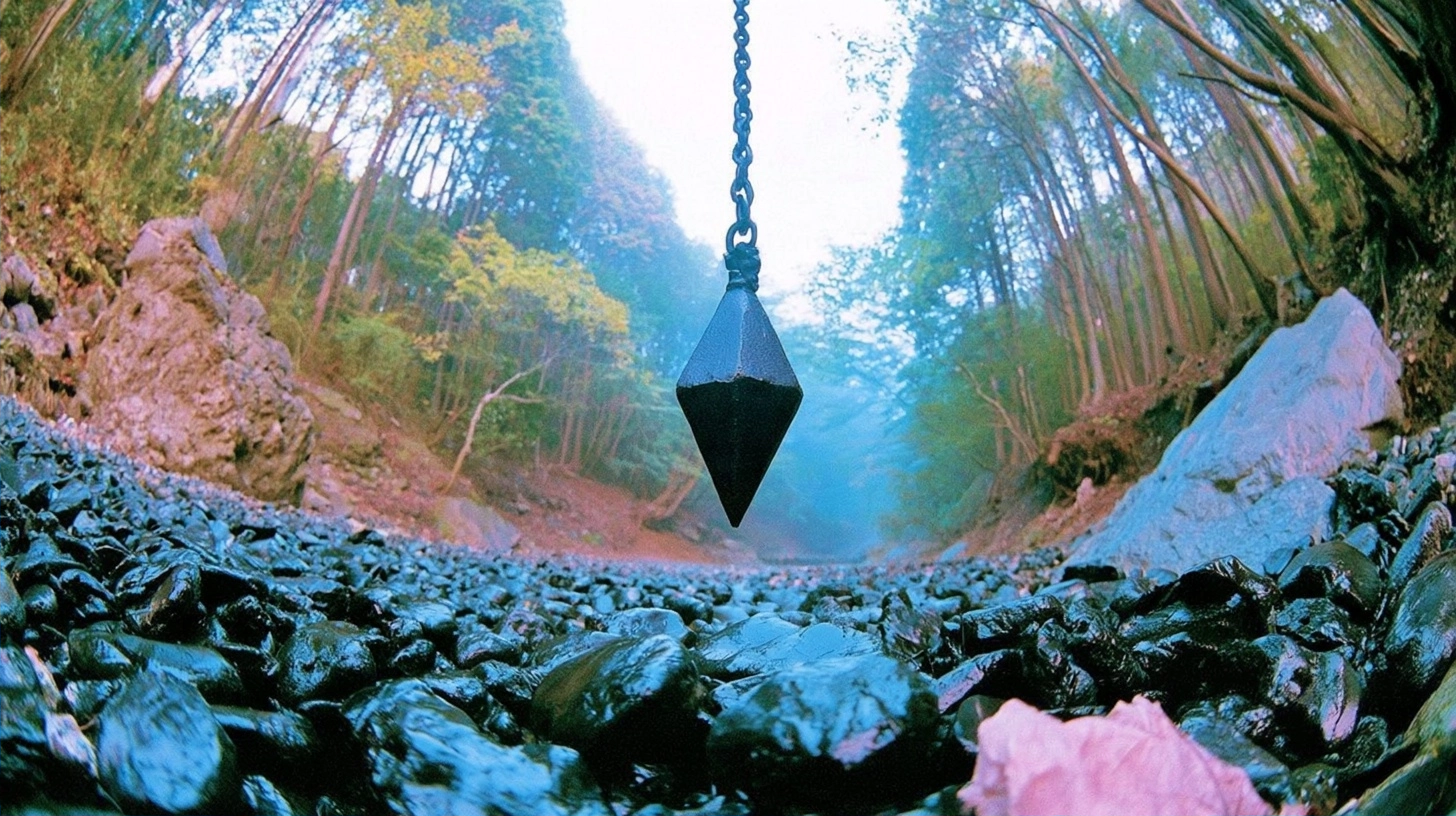 A black geometric weight suspended by a chain over a bed of dark river stones in a dense forest.