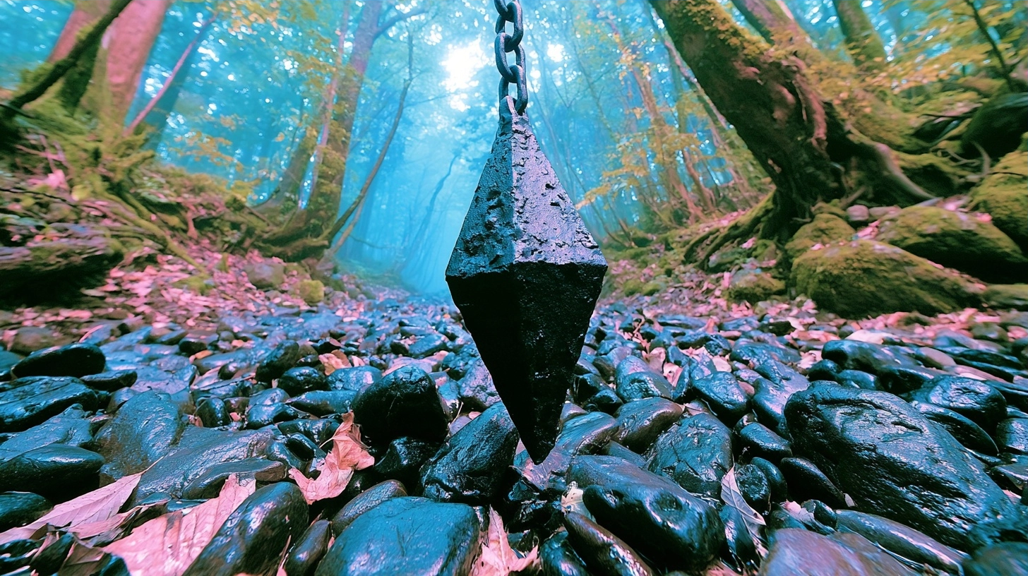 A dark geometric metal object hanging from a chain above a bed of smooth river stones in a misty forest.