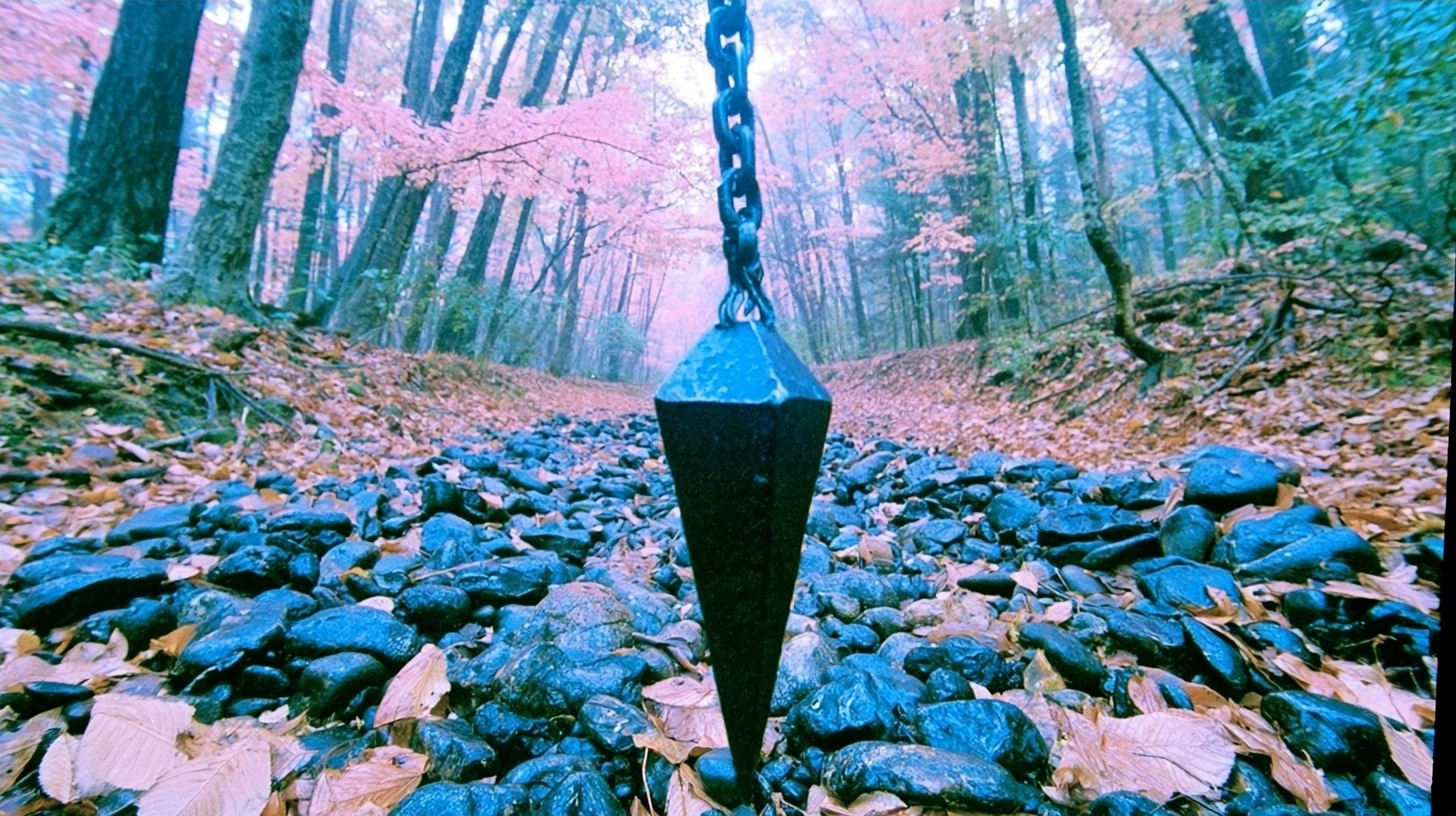 A heavy metal spike suspended by a chain above a bed of dark stones and fallen leaves in a pink forest.