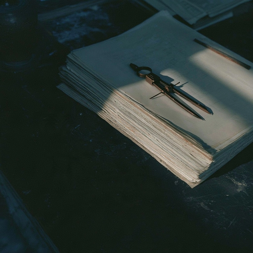 Metal drafting compass resting on a stack of old, thick parchment paper.