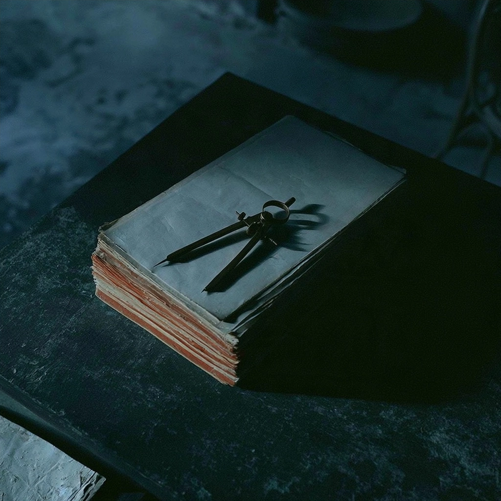 A vintage metal compass resting on an aged, thick book in dim lighting.