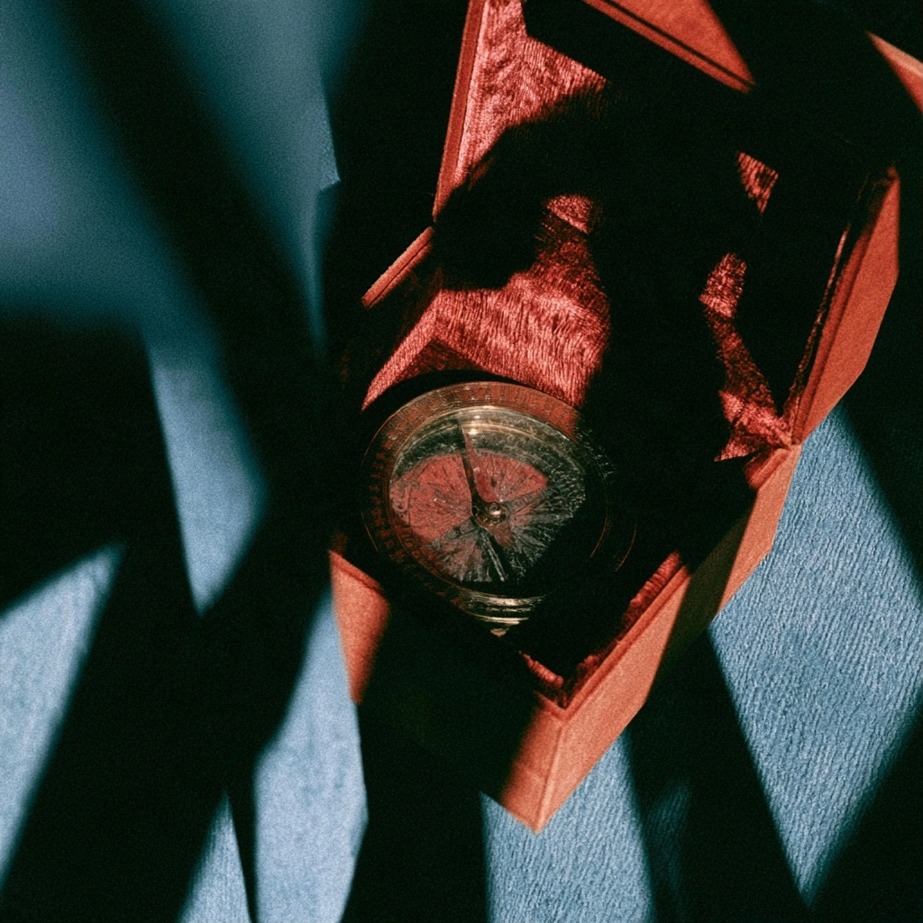 A close-up shot of an antique compass inside a red velvet box with strong shadows.