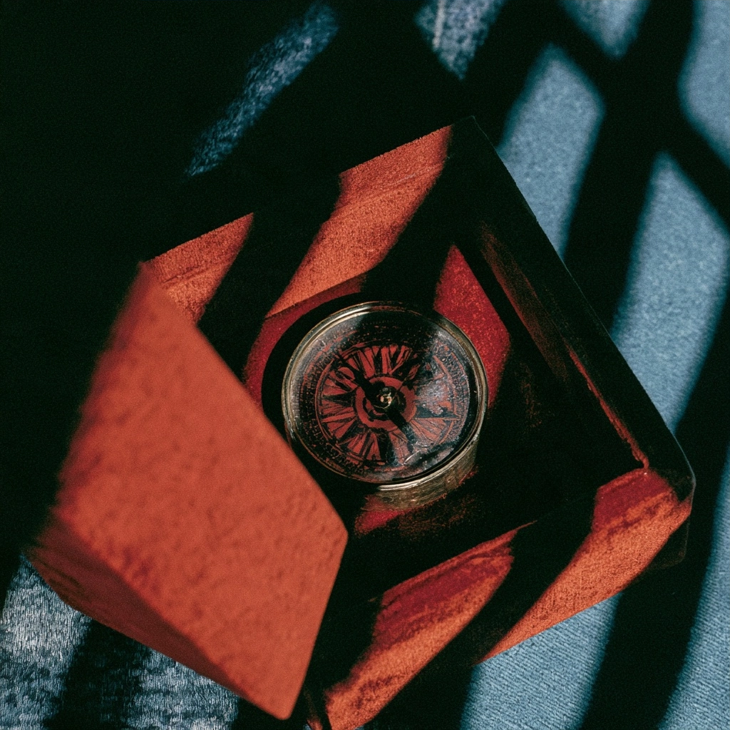 A vintage-style compass sitting inside an open red wooden box with strong diagonal shadows.