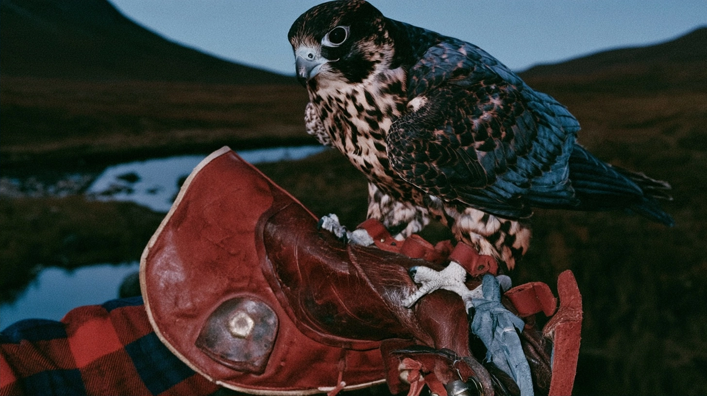 A patterned falcon standing on a red leather glove during dusk in a hilly landscape.