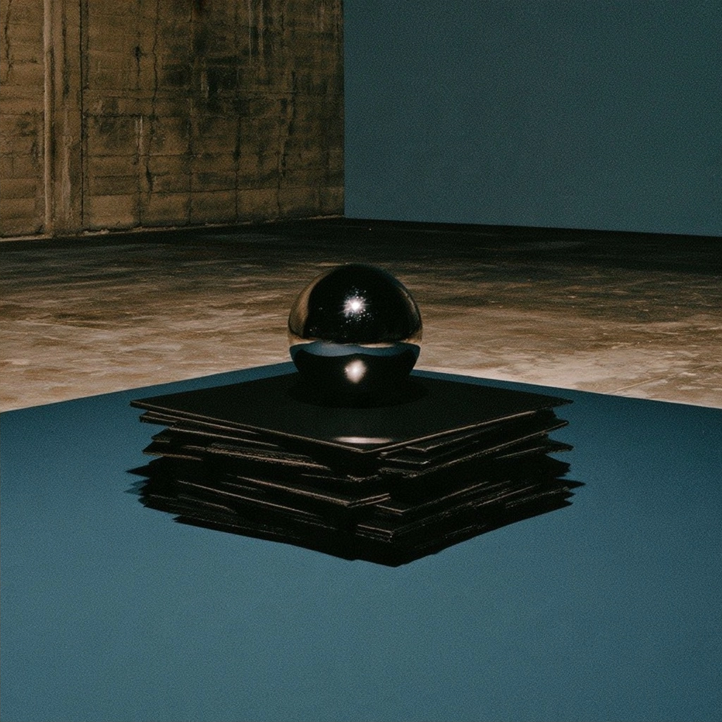 A reflective black orb sitting on a stack of dark square tiles against a blue and concrete background.