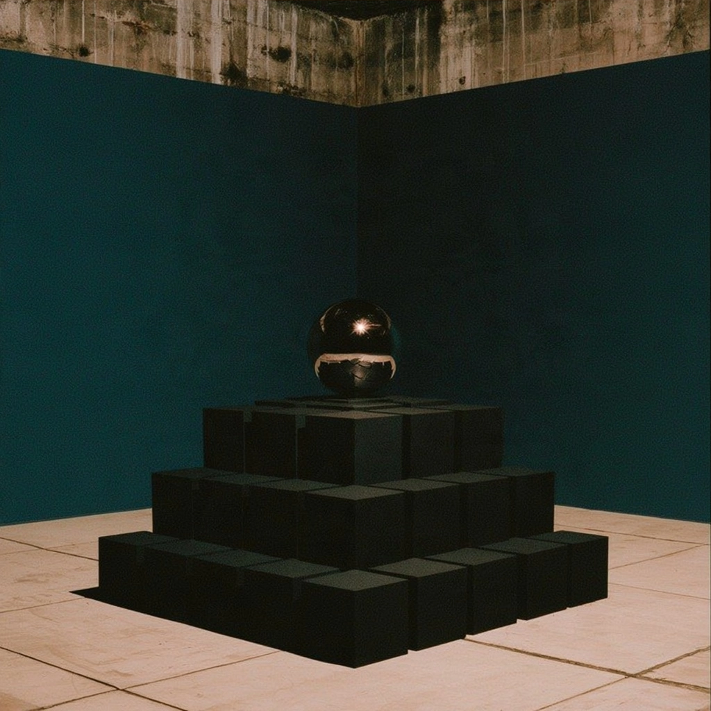 A shiny black orb resting on a pyramid of dark cubes against teal walls.