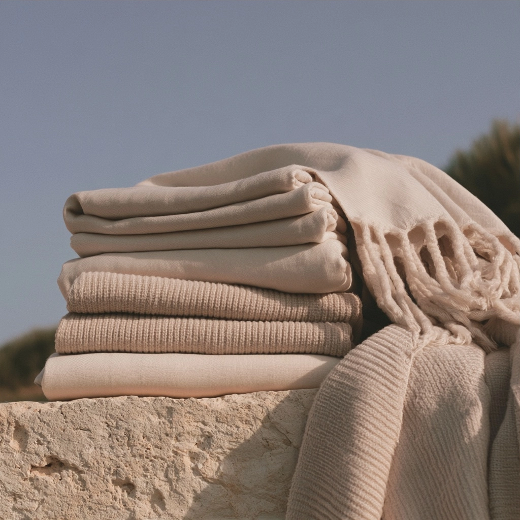 Stack of folded beige knitted blankets and fringed scarves on a stone ledge under a clear sky.