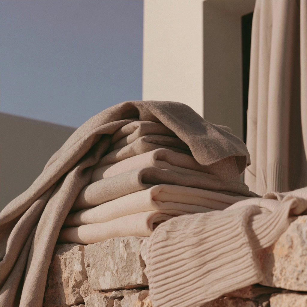 Folded beige linen fabrics stacked on a rustic stone wall under a clear sky.