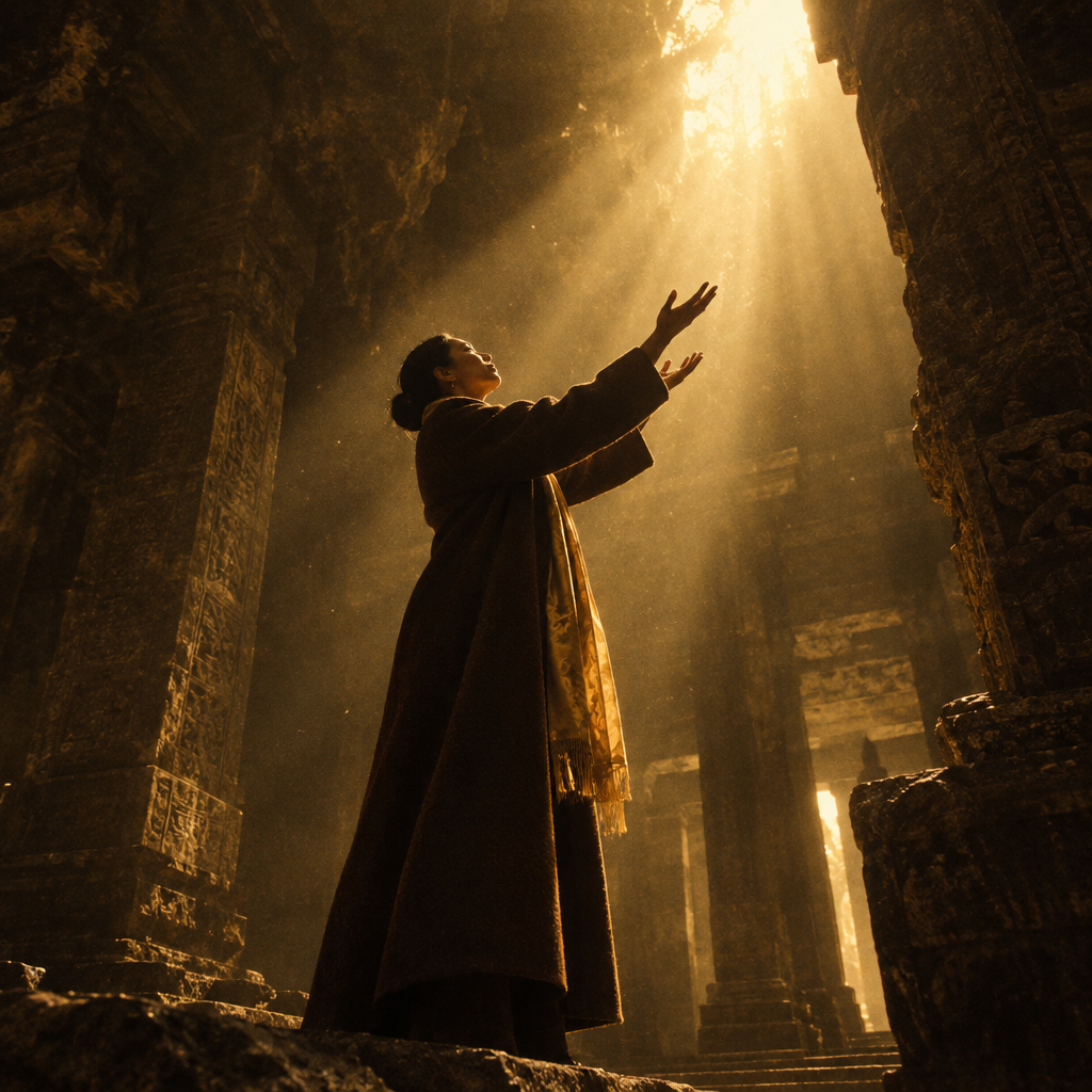 A woman reaching her hands up toward bright sunbeams streaming into a dark stone temple.