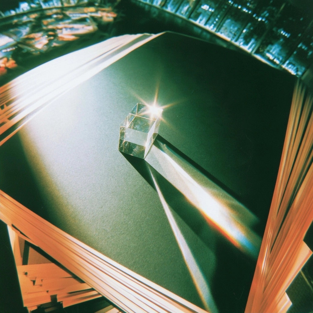 A transparent glass cube reflecting bright light and creating colorful prismatic shadows on a dark background.