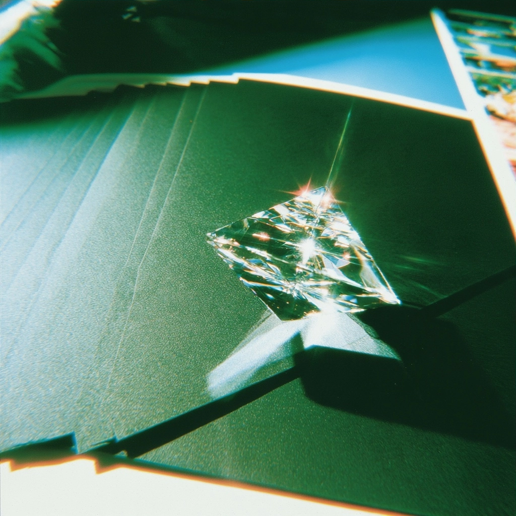 A brilliant cut diamond reflecting light on top of dark green paper sheets.