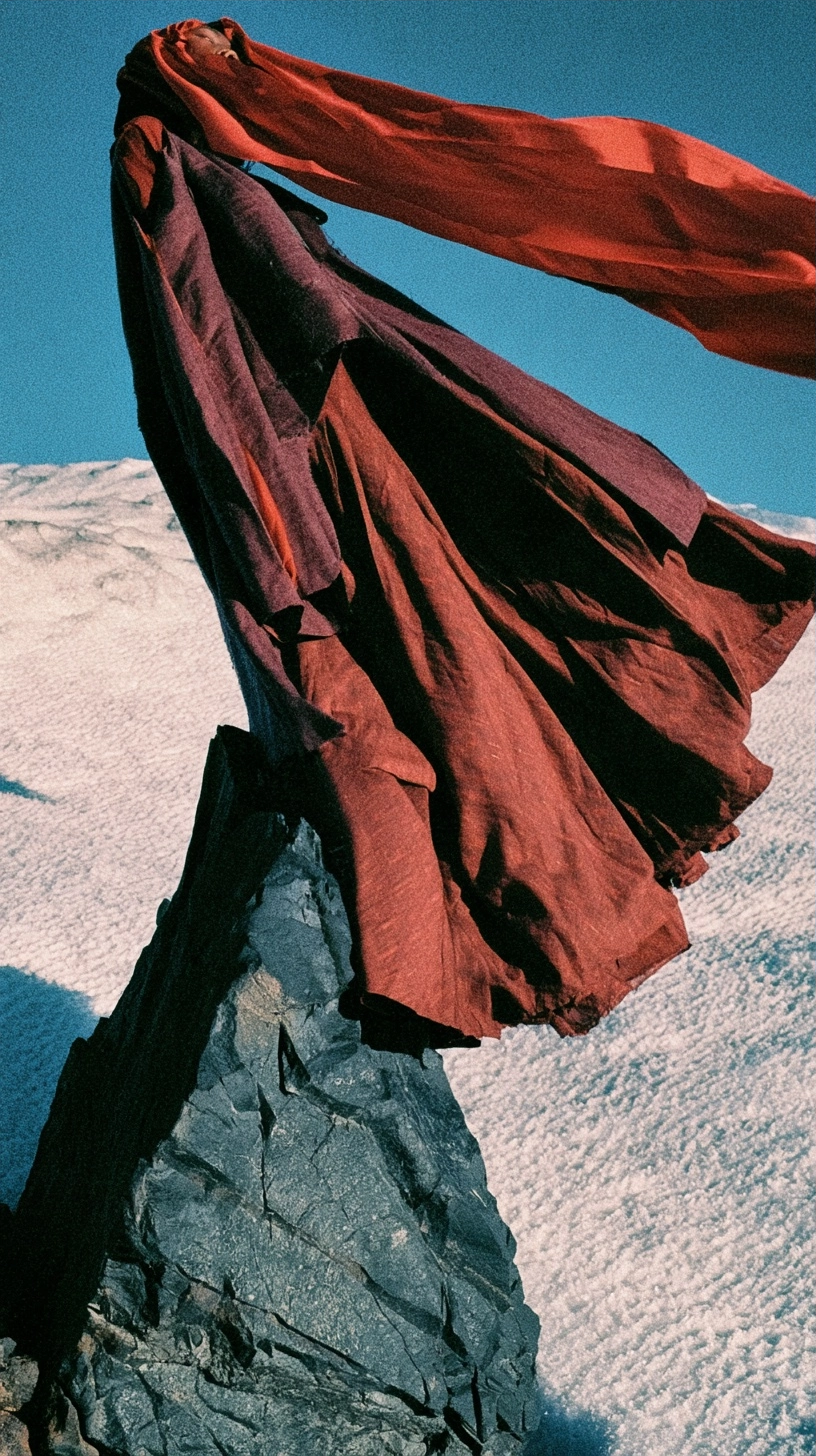 Flowing red and purple fabric draped over a figure on a dark rock under a blue sky.