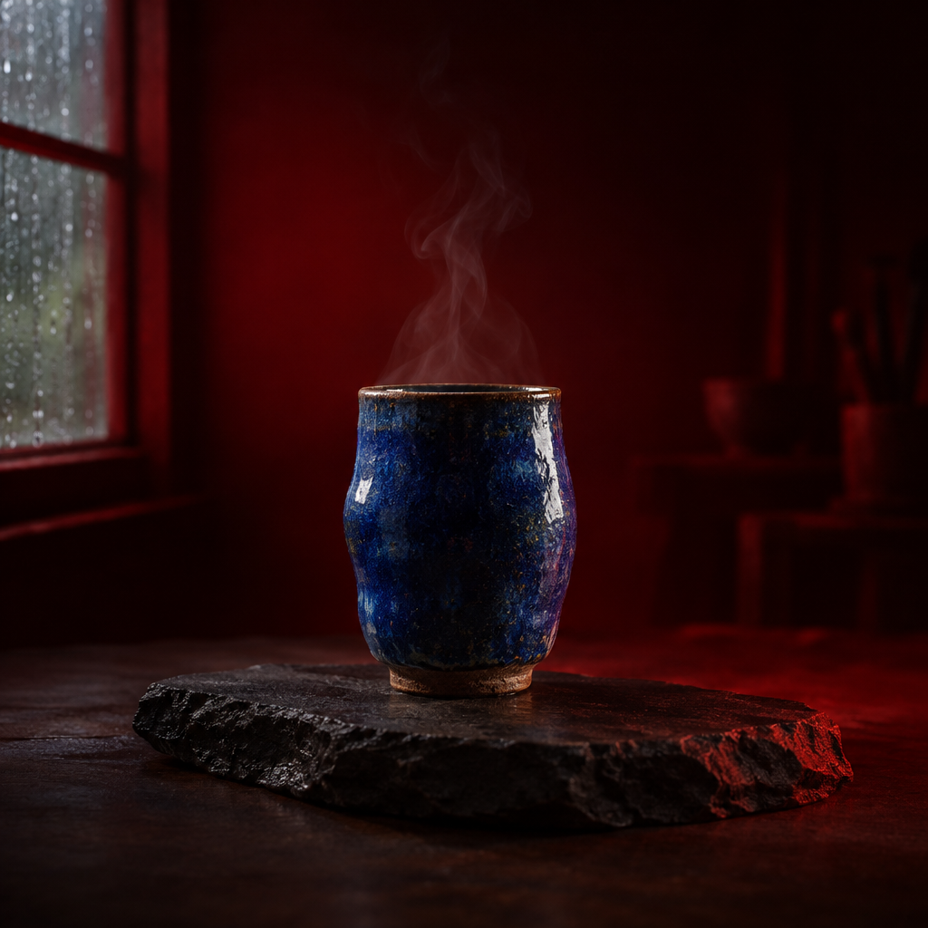 A blue textured ceramic mug with rising steam resting on a dark rock slab.