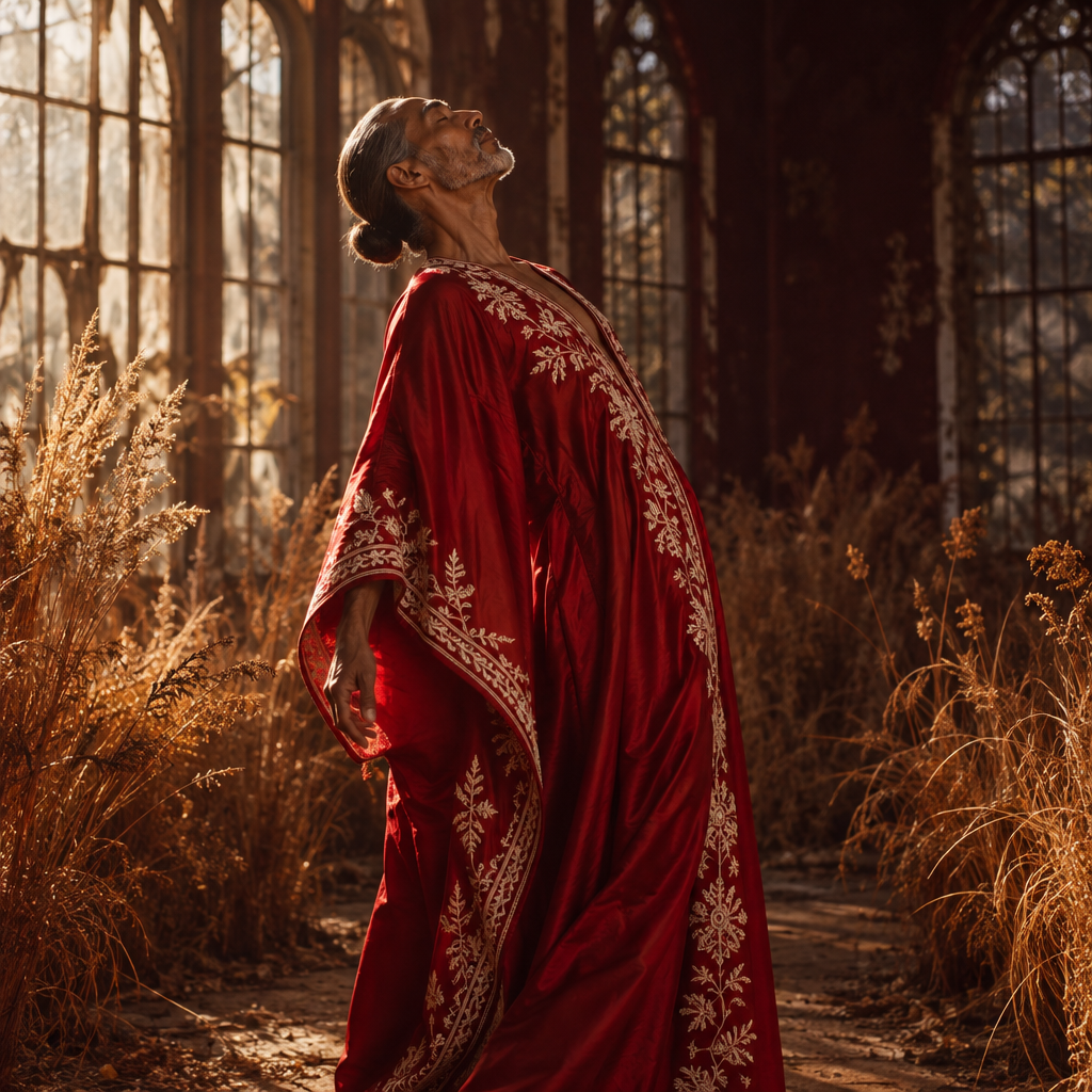 Man in a flowing red embroidered gown looking upward in a sunlit abandoned room with tall dry grass.