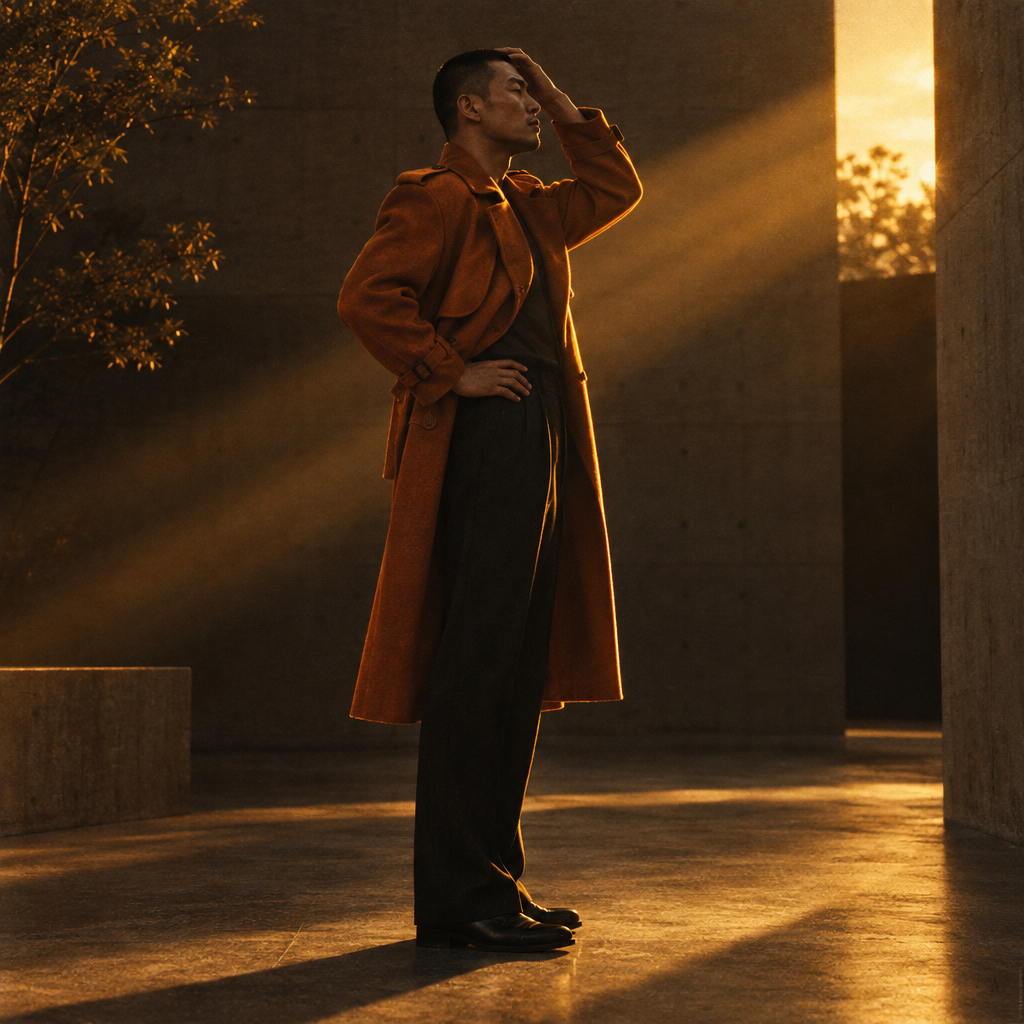 A man wearing a long orange trench coat posing in warm sunlight.