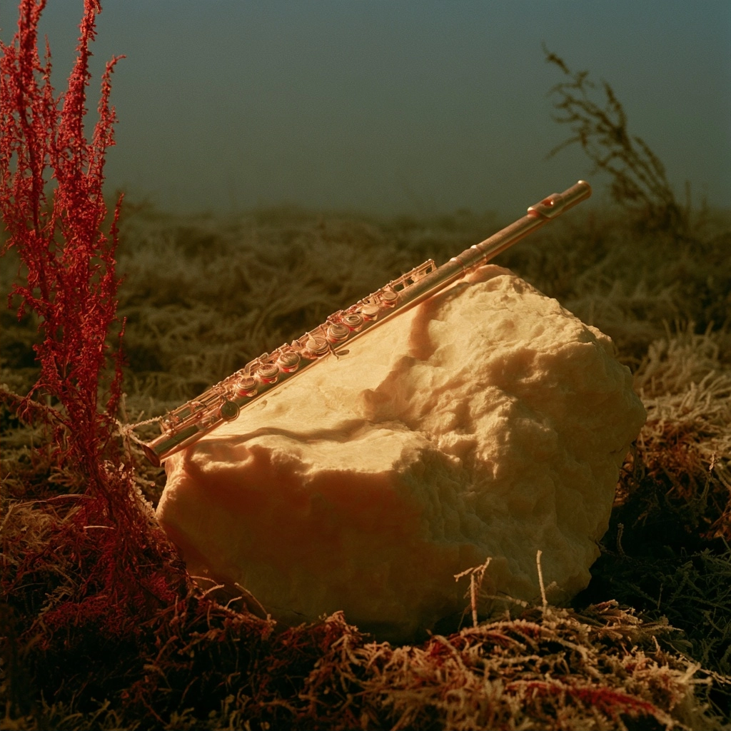 A shiny gold flute resting on a pale rock surrounded by red and brown seaweed underwater.